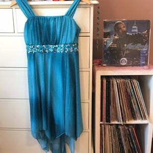 Vintage Y2K Blue Beaded Glitter Fairy Dress Bias Asymmetrical Ombré Mcbling Cute
